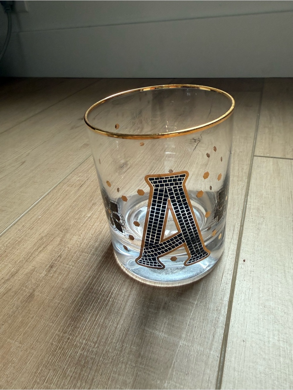 Anthropologie ‘A’ Monogram Tile Bistro Whiskey Rocks Glass Black & Gold